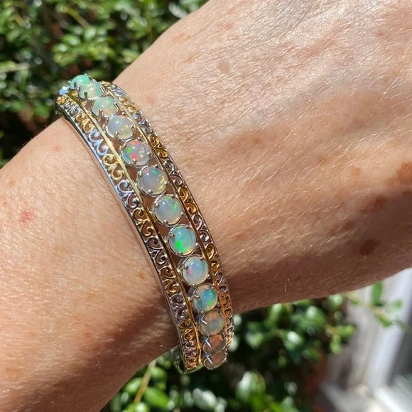 Ethiopian Welo Opal bangle bracelet, 7.25 inches, 25.6 g 925. - Picture 1 of 13